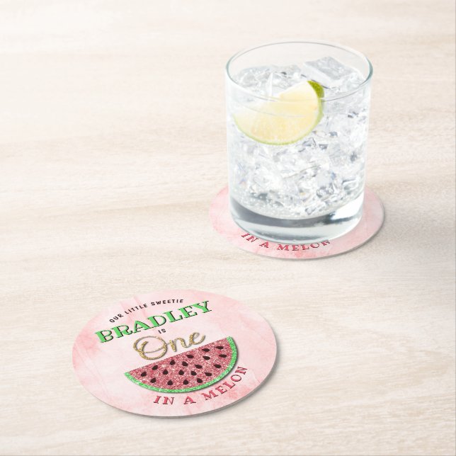 One In A Melon 1st Birthday Round Paper Coaster (Insitu)