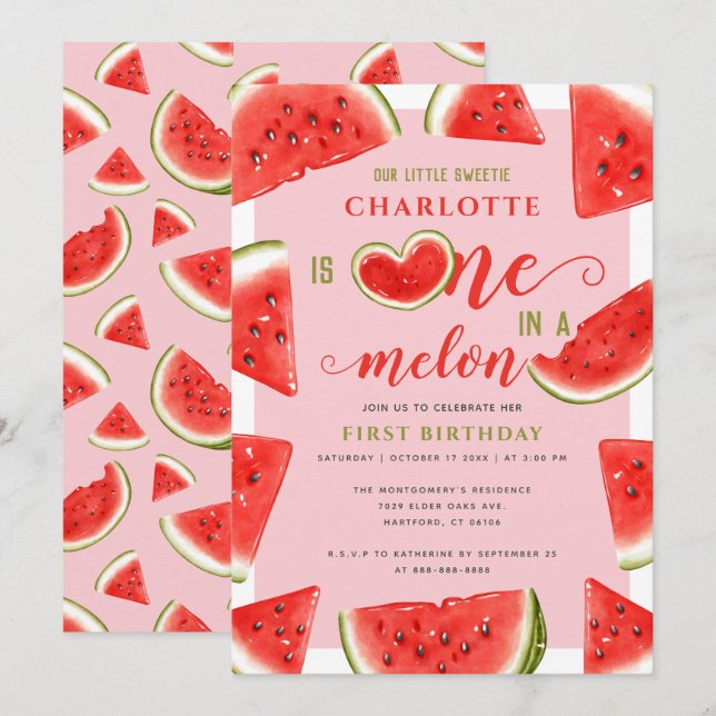 One In A Melon 1st Birthday Sweet Watermelon Pink Invitation (Front/Back)
