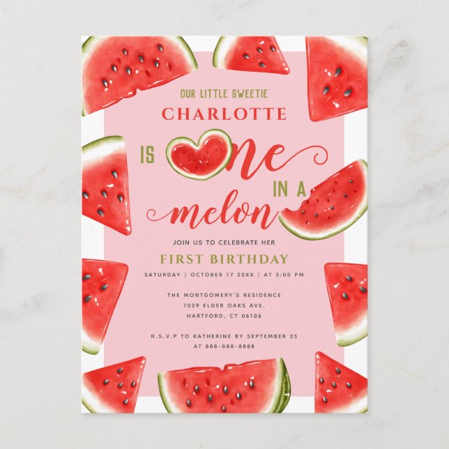 One In A Melon 1st Birthday Sweet Watermelon Pink Postcard (Front)