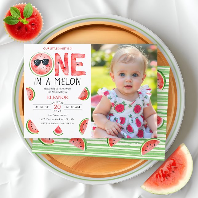 One in a melon 1st birthday watermelon party photo invitation (Creator Uploaded)