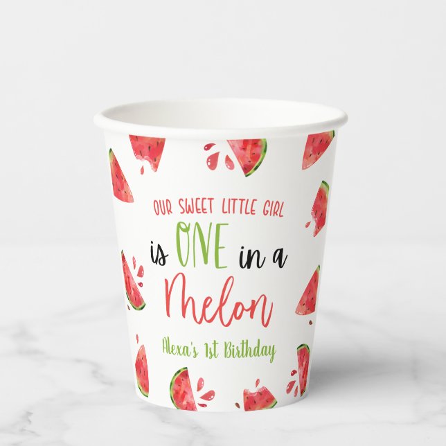 One In A Melon 1st First Birthday Party Watermelon Paper Cups (Front)
