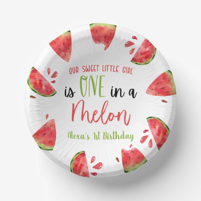 One In A Melon 1st First Birthday Party Watermelon Paper Plate (Front)