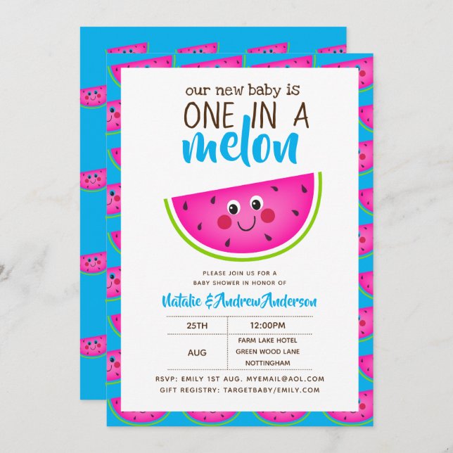 One In A MELON Baby Shower Blue Pink Modern Cute Invitation (Front/Back)