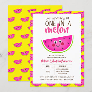 One In A MELON Baby Shower Pink Yellow Modern Cute Invitation