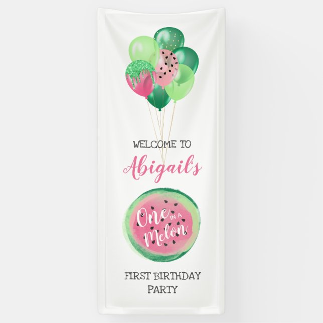 One in a Melon Balloons 1st Birthday Party Welcome Banner (Vertical)