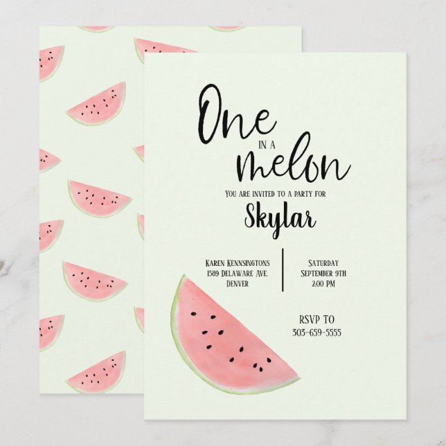 One in a Melon Birthday Invitation for Girl or Boy (Front/Back)