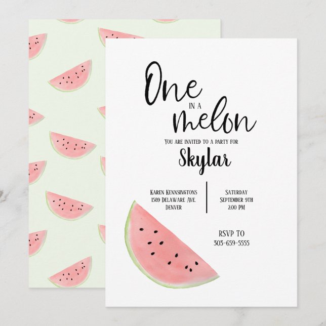 One in a Melon Birthday Invitation for Girl or Boy (Front/Back)