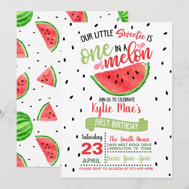 One in a Melon Birthday Invitation - Red (Front/Back)