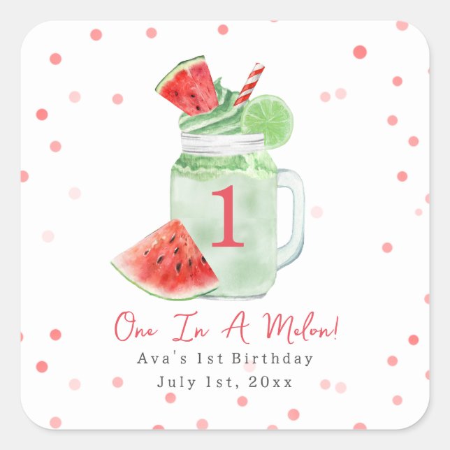 One In A Melon Birthday Party Watermelon Smoothie Square Sticker (Front)