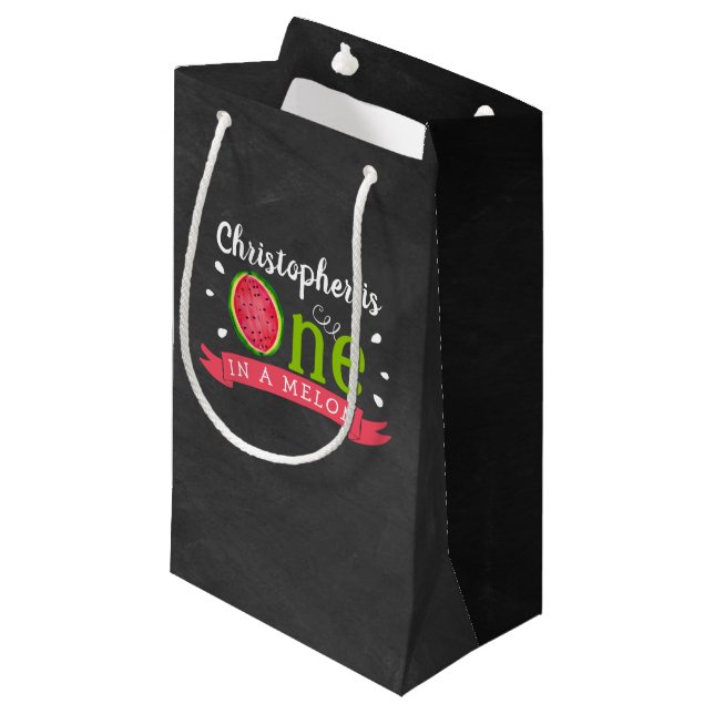 One In A Melon Chalkboard 1st Birthday Small Gift Bag (Front Angled)