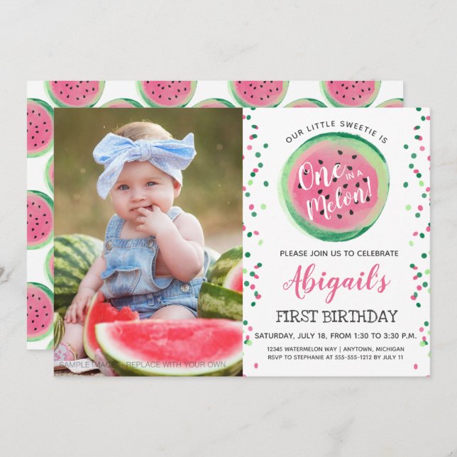 One in a Melon Confetti Photo 1st Birthday Party Invitation (Front/Back)