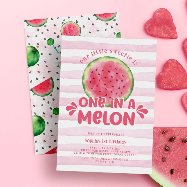 One in a Melon Cute Pink Girl 1st Birthday Invitation (Creator Uploaded)