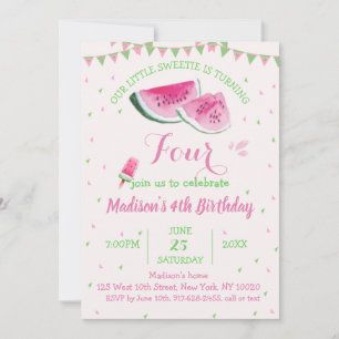 One In A Melon Cute Watermelon Four Birthday Invitation