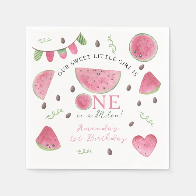 One in a Melon Cute Watermelon Girl 1st Birthday Napkin (Front)