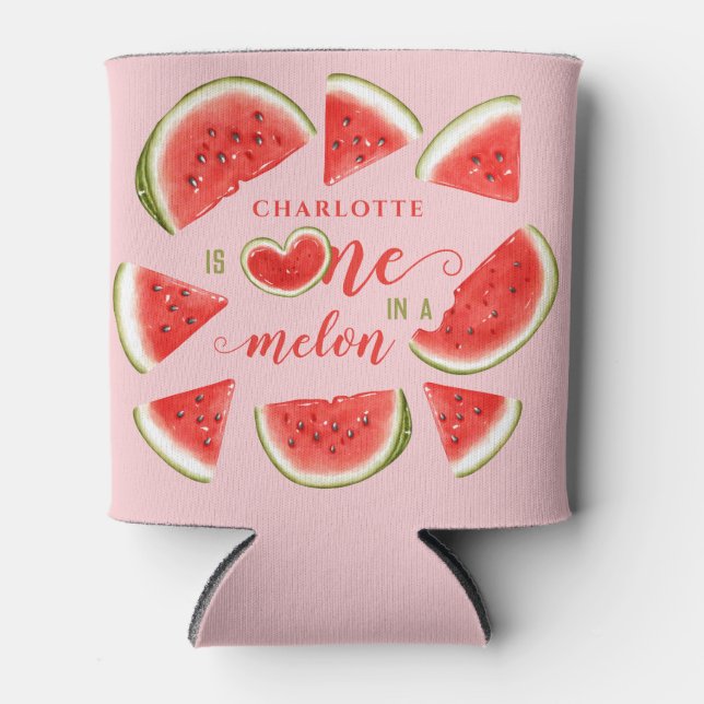 One In A Melon Cute Watermelon Pink 1st Birthday  Can Cooler (Front)