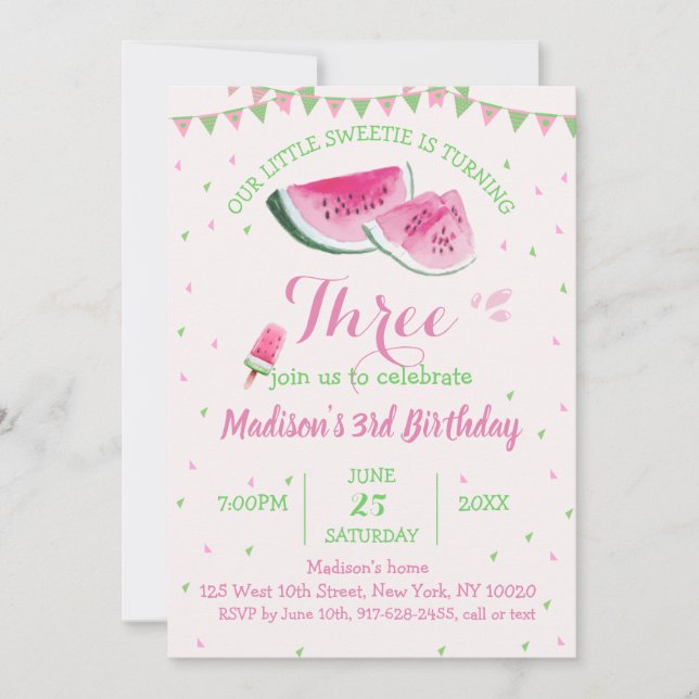 One In A Melon Cute Watermelon Third Birthday Invitation (Front)