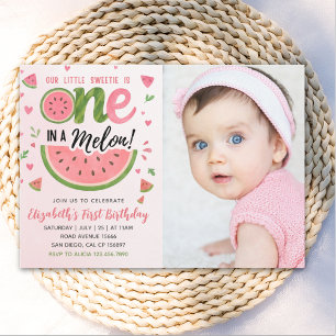 One in a Melon! First Birthday Girl With photo Invitation