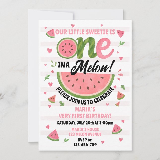 One in a Melon First Birthday Invitation Editable  (Front)