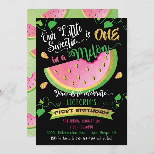 One in a Melon first Birthday Party invitation (Front/Back)