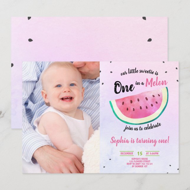 One in a Melon Girl 1st Birthday Watermelon Photo Invitation (Front/Back)