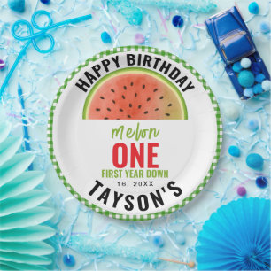 One in a Melon glitter watermelon 1st birthday Paper Plate