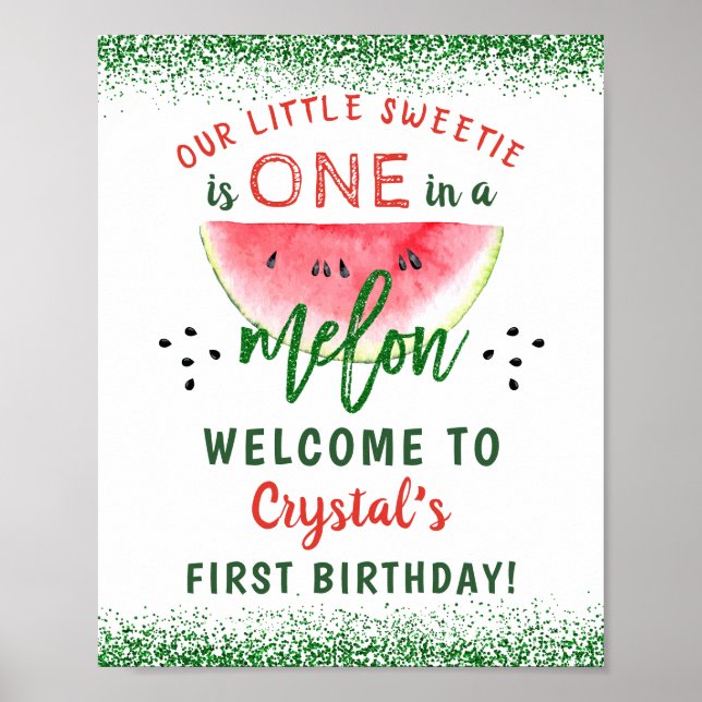 One in a Melon Glitter Watermelon First Birthday Poster (Front)