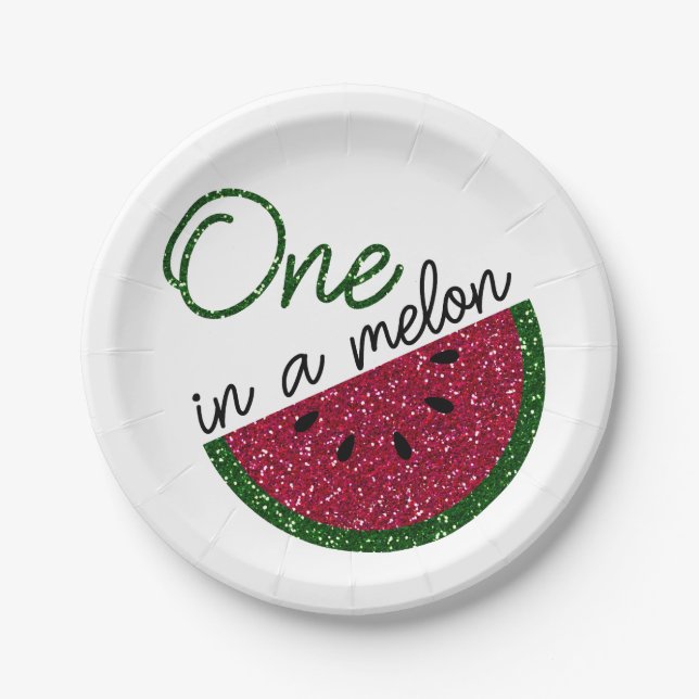 one in a melon, glitter watermelon paper plate (Front)