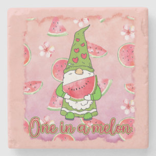 One in a Melon   Green Gnome & Watermelon Stone Coaster