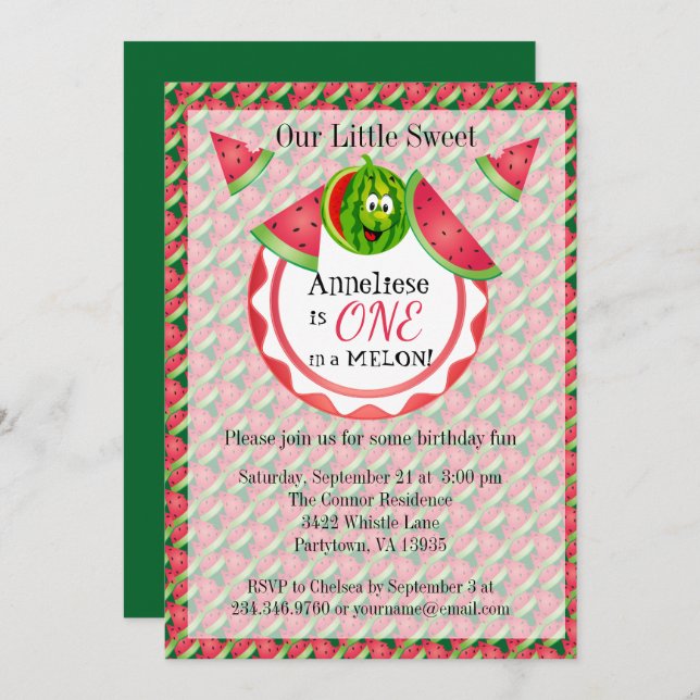 One in a Melon Kid's 1st Birthday Invitation (Front/Back)