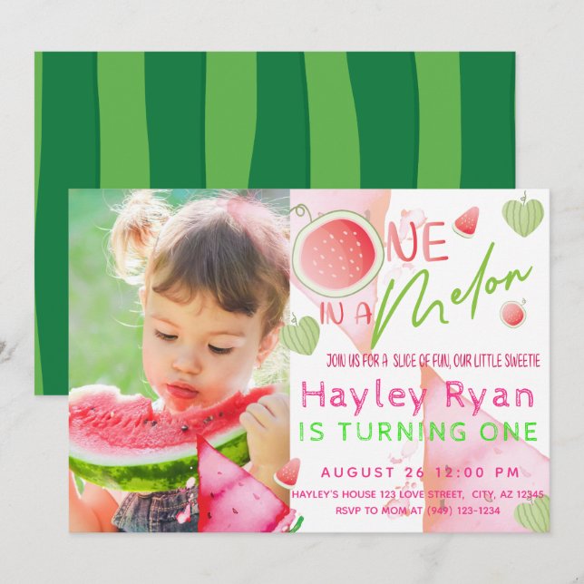 One In a Melon Photo 1st Birthday Invitation (Front/Back)