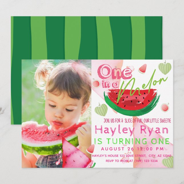 One In a Melon Photo 1st Birthday Invitation (Front/Back)