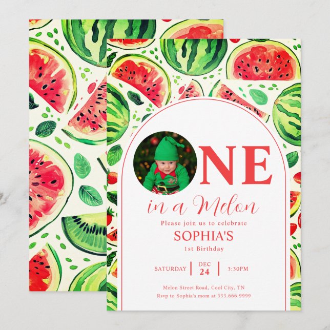One In A Melon Photo First Birthday  Invitation (Front/Back)