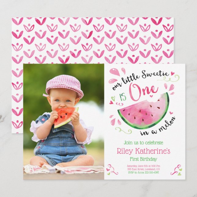 One in a Melon Pink 1st Birthday Photo Invitation (Front/Back)