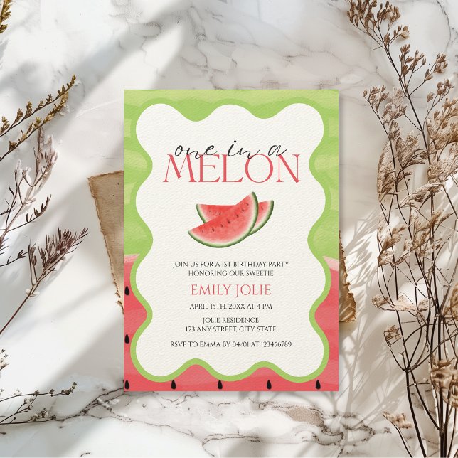 One in a MELON | Pink Green Cute 1st birthday  Invitation (One in a Melon 1st birthday invitation)