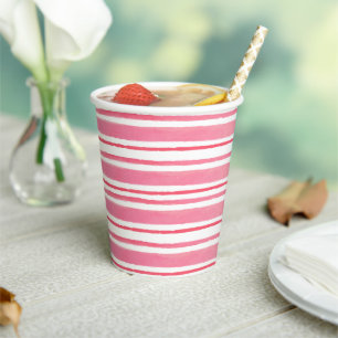 One in a Melon Pink Watercolor Stripes Birthday Paper Cups