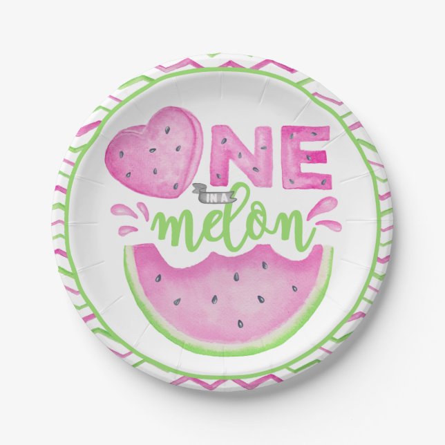 One in a Melon Pink Watermelon 1st Birthday Plates (Front)