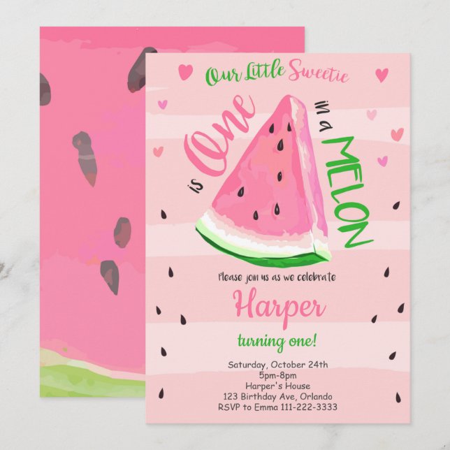 One in a Melon Pink Watermelon Birthday Invite (Front/Back)