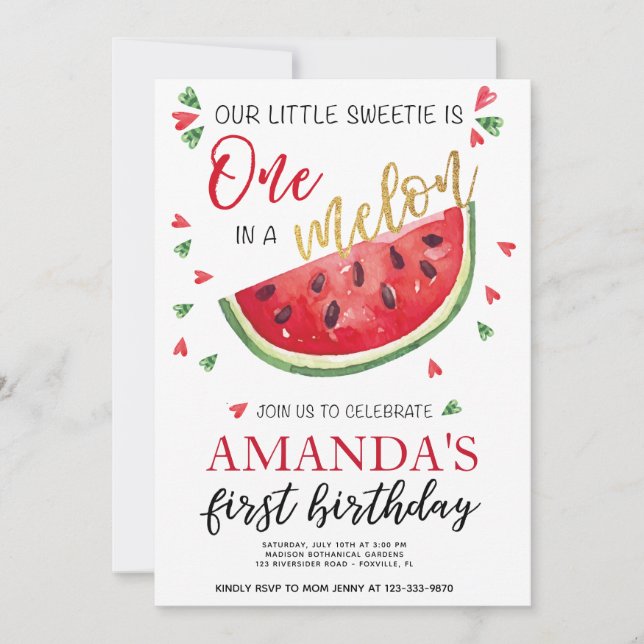 One in a Melon Summer girl 1st birthday Invitation (Front)