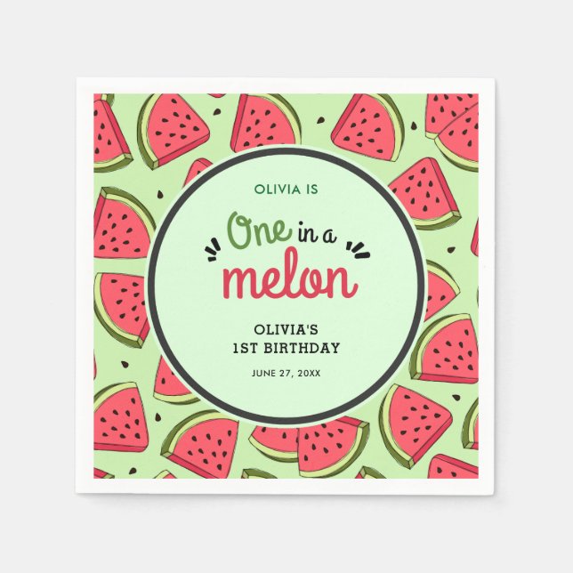 One in a Melon Summer Watermelon 1st Birthday  Napkin (Front)