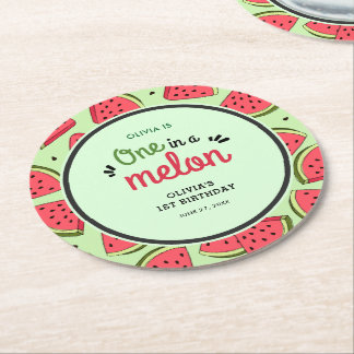 One in a Melon Summer Watermelon 1st Birthday  Round Paper Coaster