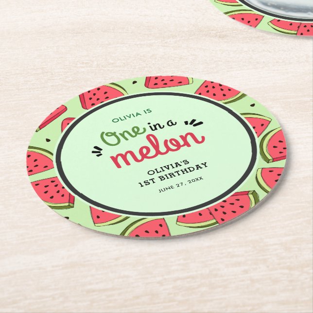 One in a Melon Summer Watermelon 1st Birthday  Round Paper Coaster (Angled)