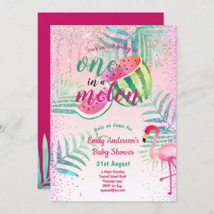 One in a Melon Tropical Flamingo Watermelon Pink Invitation