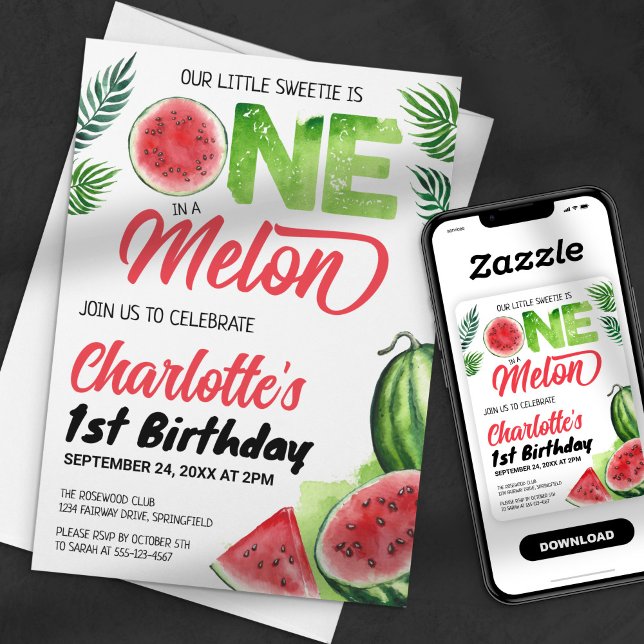One in a Melon Watercolor Watermelon 1st Birthday Invitation (Creator Uploaded)