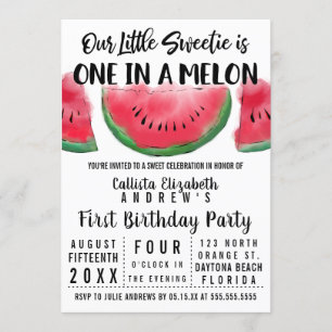 One in a Melon Watercolor Watermelon 1st Birthday Invitation