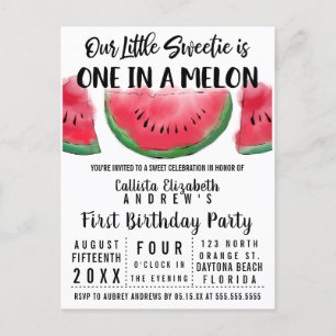One in a Melon Watercolor Watermelon 1st Birthday Invitation Postcard