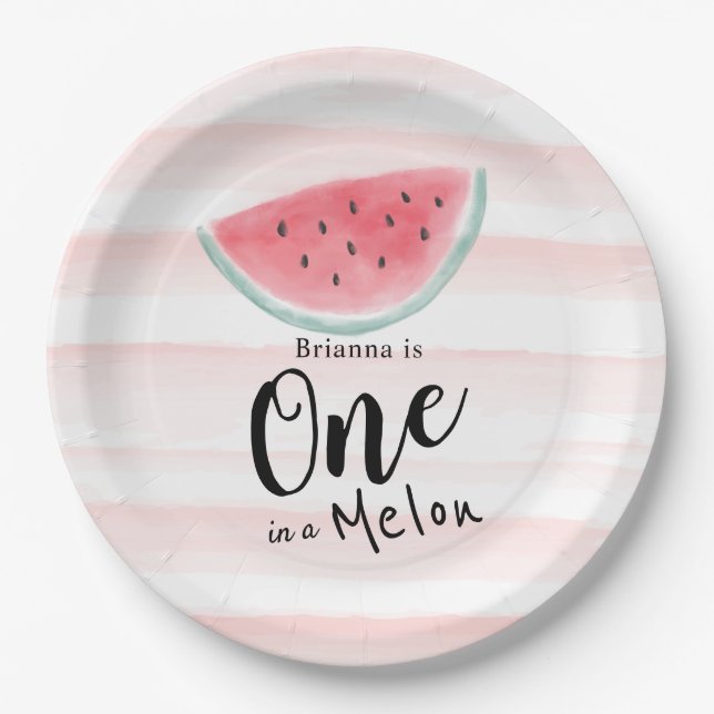 One in a Melon Watercolor Watermelon Stripe Paper Plate (Front)