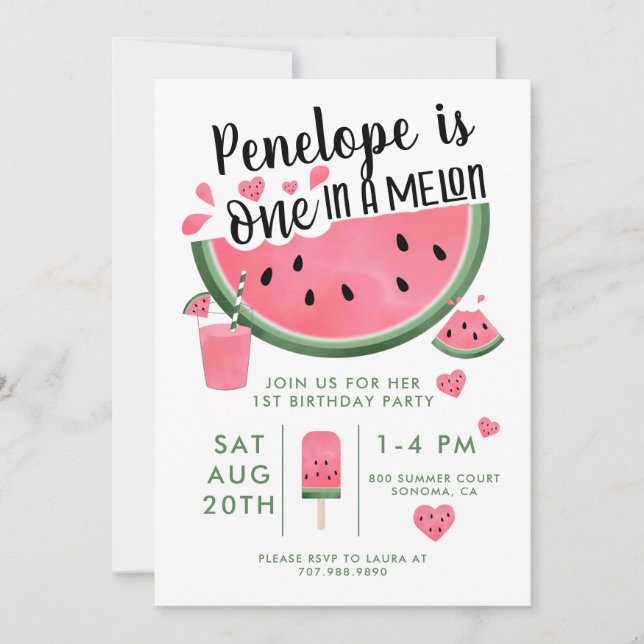 One In A Melon Watermelon 1st Birthday Invitation (Front)