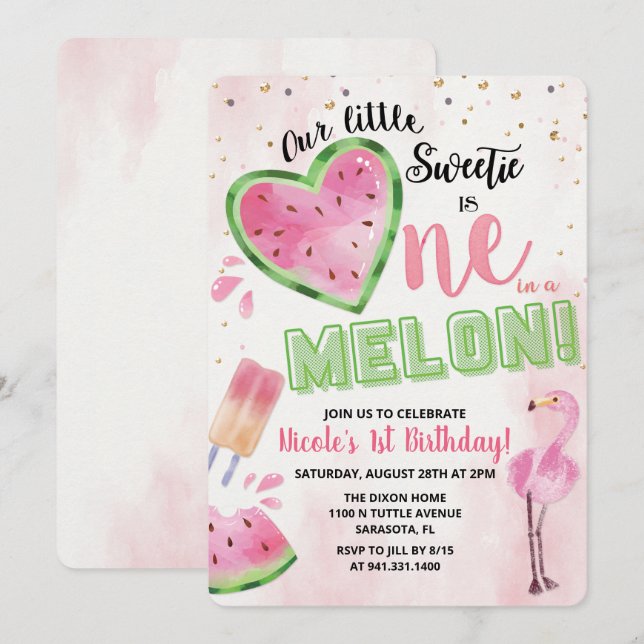 One in a Melon Watermelon 1st Birthday Invitation (Front/Back)
