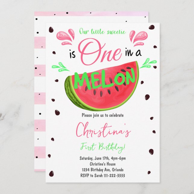 One in a Melon Watermelon 1st Birthday Invitation (Front/Back)
