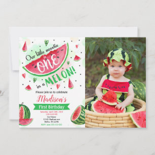 One in a Melon Watermelon 1st Birthday Photo Invitation